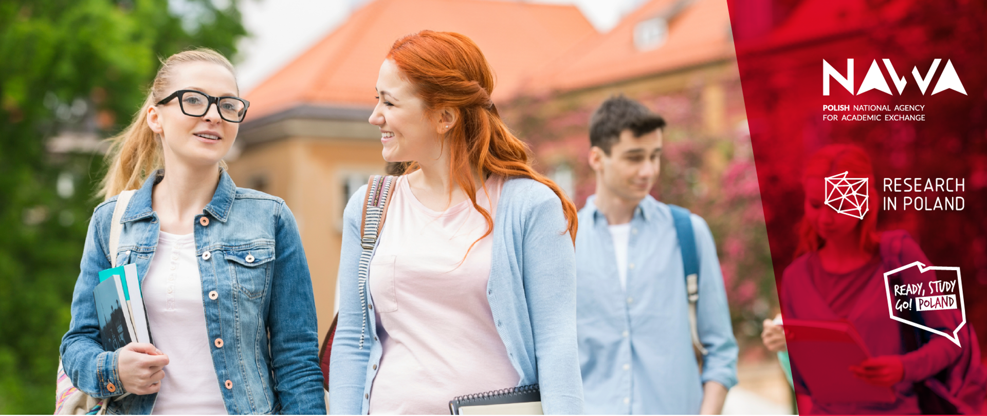 Plakat przedstawia młodych ludzi z notatkami w rękach oraz logo NAWA
