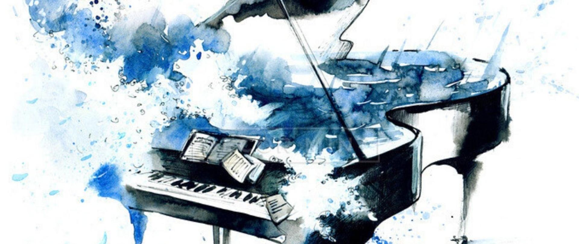 plakat w pionie w tonacji niebieskiej, w centrum akwarela otwartego fortepianu, pod instrumentem porozrzucane nuty, u dołu plakatu data oraz godzina wydarzenia, u góry plakatu od lewej logotyp Funduszy Europejskich, logo szkoły, flaga Unii Europejskiej.