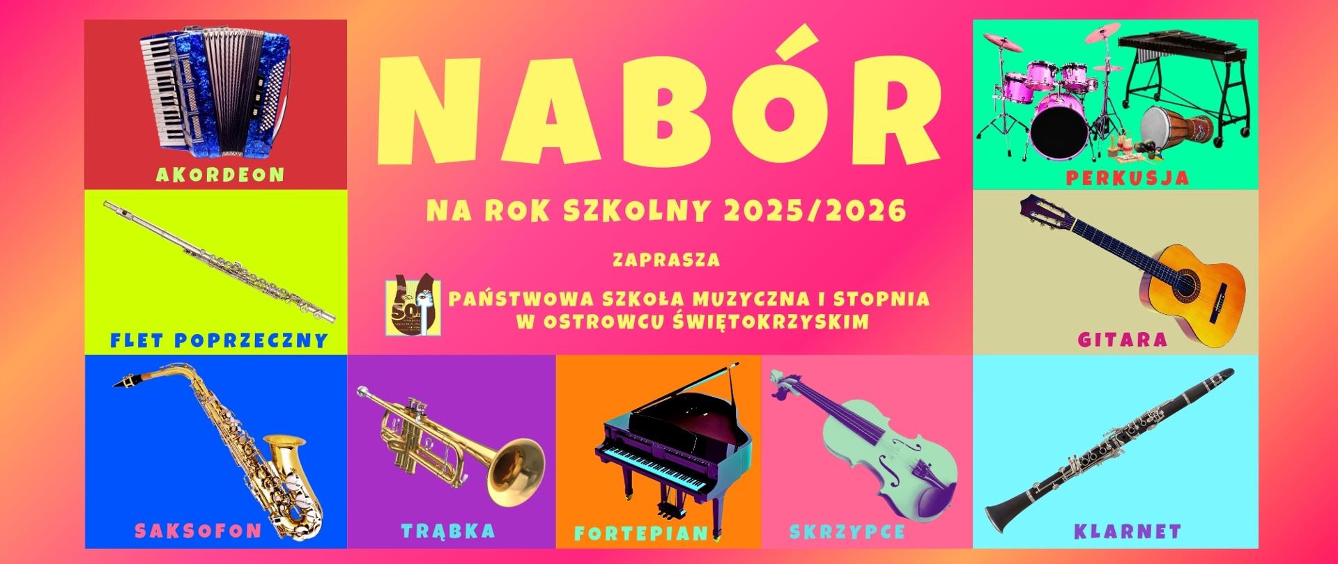 ikony różnych instrumentów w kolorowych kwadratach z napisami o naborze do szkoły o różnorodnej kolorystyce