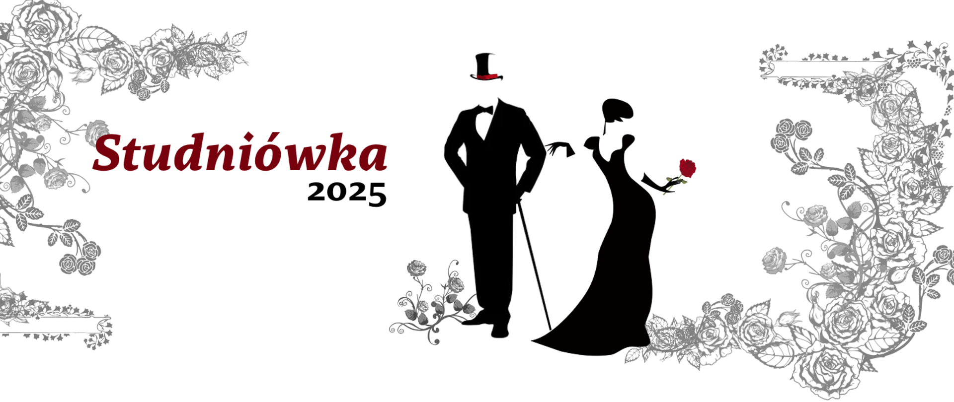 Grafika. Przedstawia elegancko ubraną parę. Wkoło róże - nawiązanie do grafiki zaproszenia