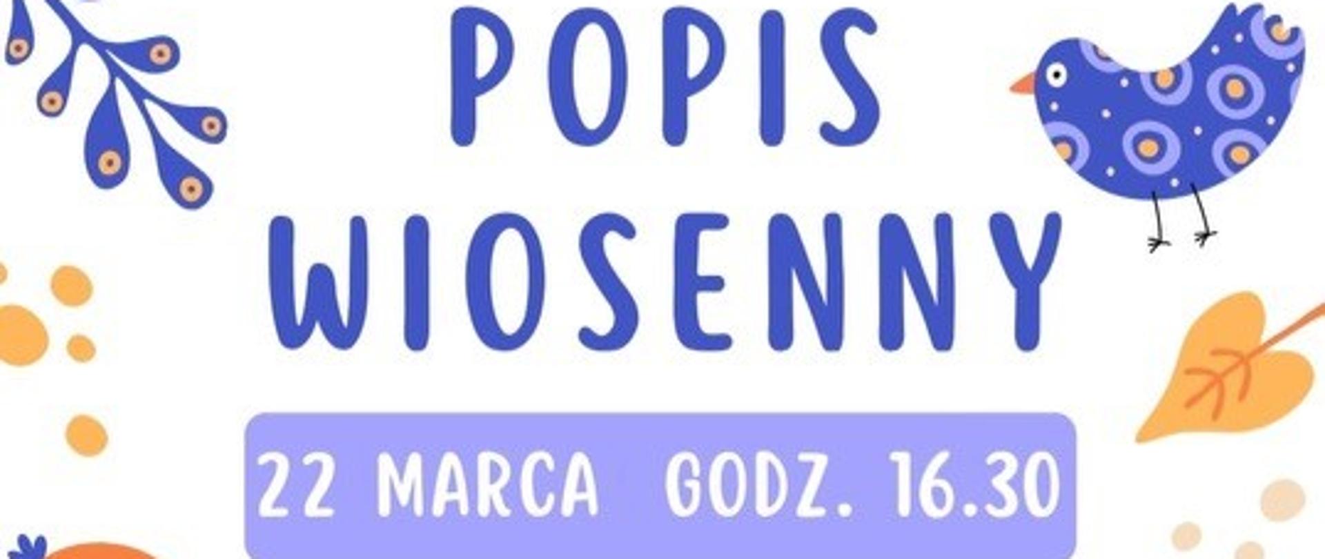 Na białym tle od góry tekst: zapraszamy na: Popis wiosenny klasy gitary p. Agaty Kopyto - 22 marca 2024 r. godzina 16:30. Dookoła grafiki wiosennych ptaków. 
