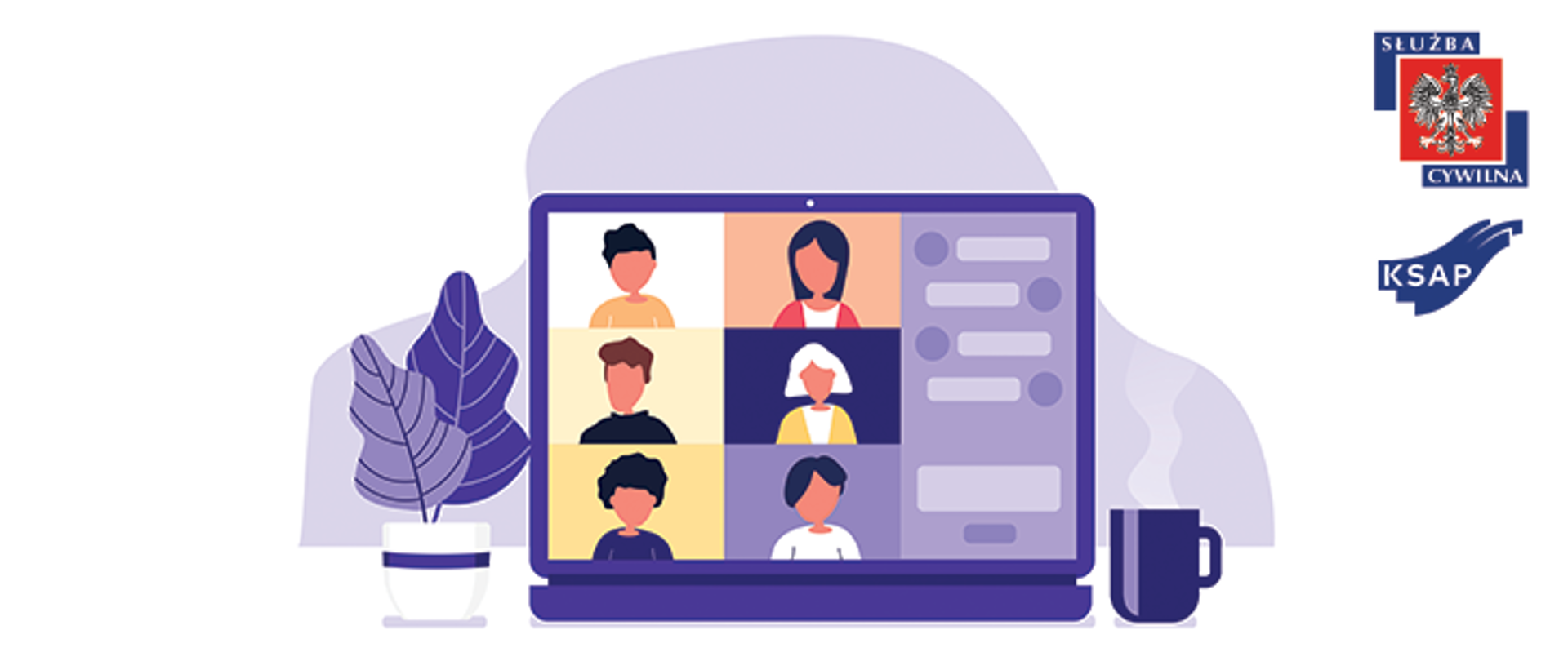 Grafika ozdobna - rysunkowy laptop na którego ekranie są okna z uczestnikami spotkania