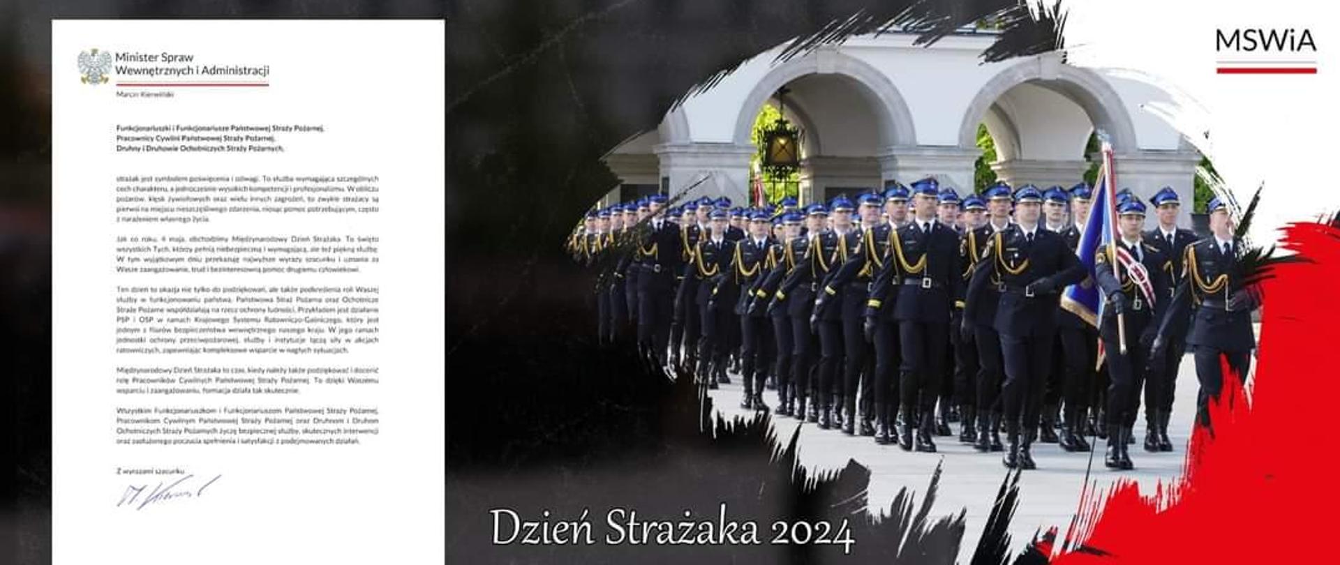 Na grafice znajdują się życzenia Ministra oraz w prawym górnym rogu logo MSWiA w centrum defilada funkcjonariuszy PSP na samym dole napis ,,Dzień Strażaka 2024''.