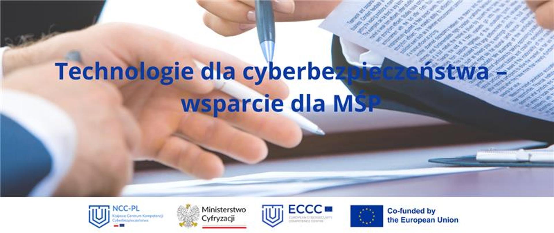 Ręce z długopisami dokumentami, logotypy NCC-PL i projektu