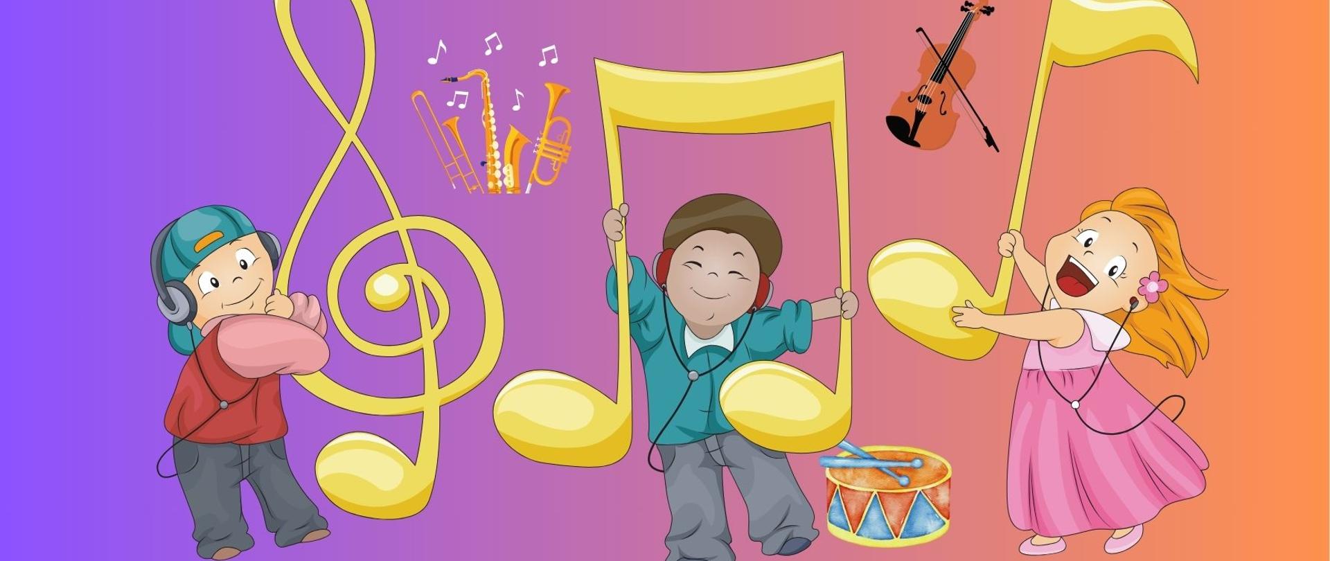 Plakat informujący o popisie 09.01.2024 uczniów klas I cyklu 6-letniego. Na fioletowym tle na górze znajdują się sylwetki dzieci trzymające nutki, wokół nich różne instrumenty, pośrodku informacja o popisie, na dole dziewczynka grająca na gitarze