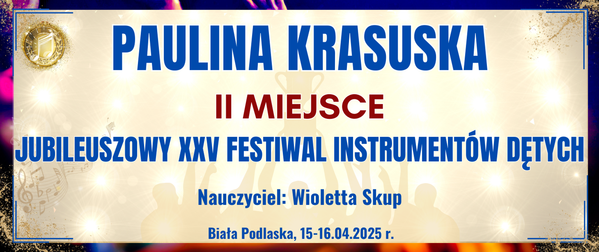 baner z ciemną kolorową ramką, jasne tło w środku z informacją o wyróżnieniu