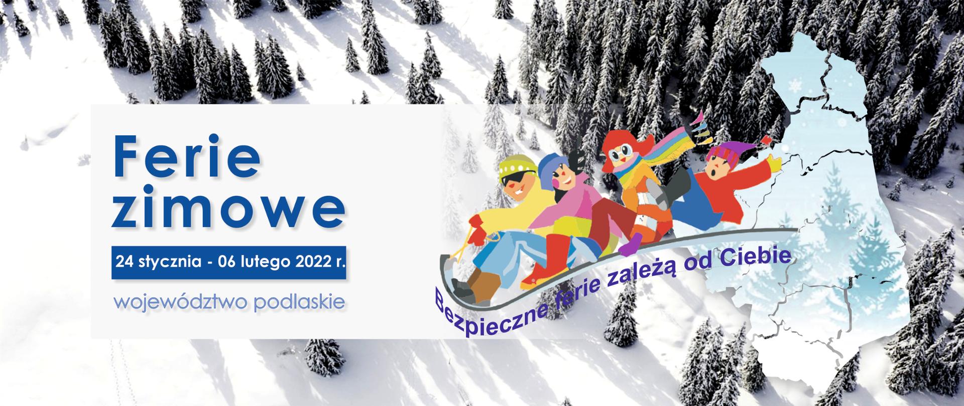 baner_bezpieczne ferie 2022 grafika śnieg, choinki, fragment mapy Polski