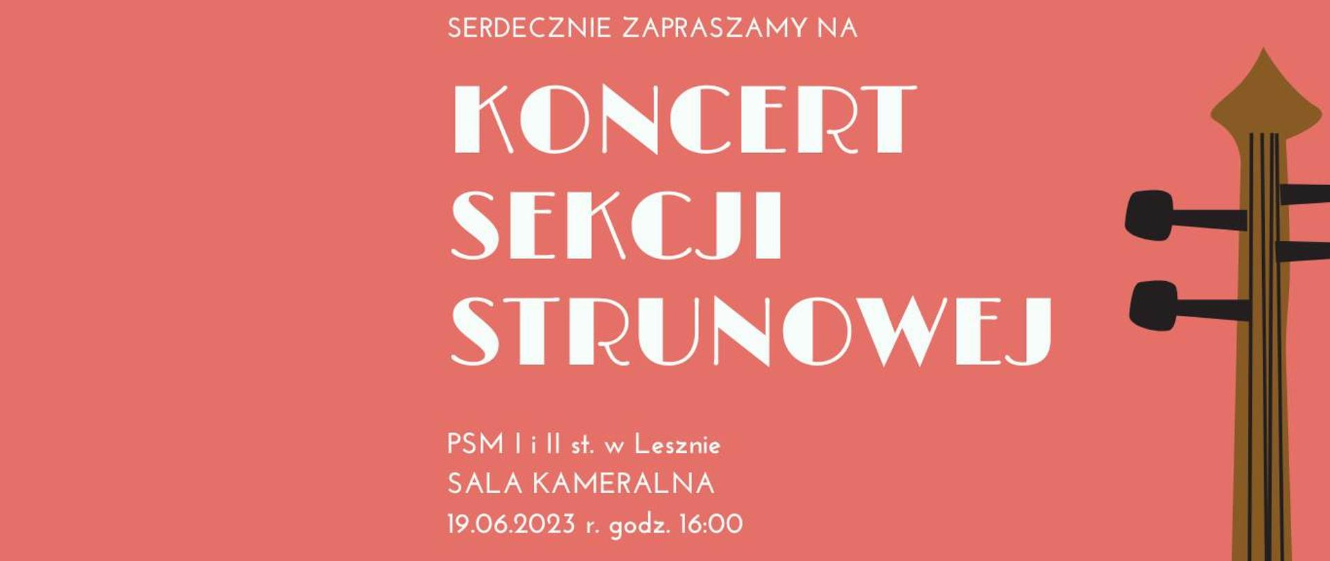 Baner na różowym tle, w centrum białe napisy - nazwa, miejsce i data wydarzenia. Po prawej grafika instrumentu strunowego.