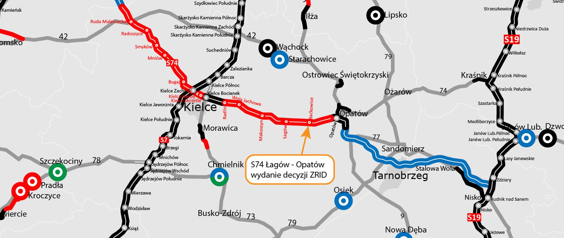 S74 Łagów - Opatów - mapka zaznaczonym odcinkiem 
