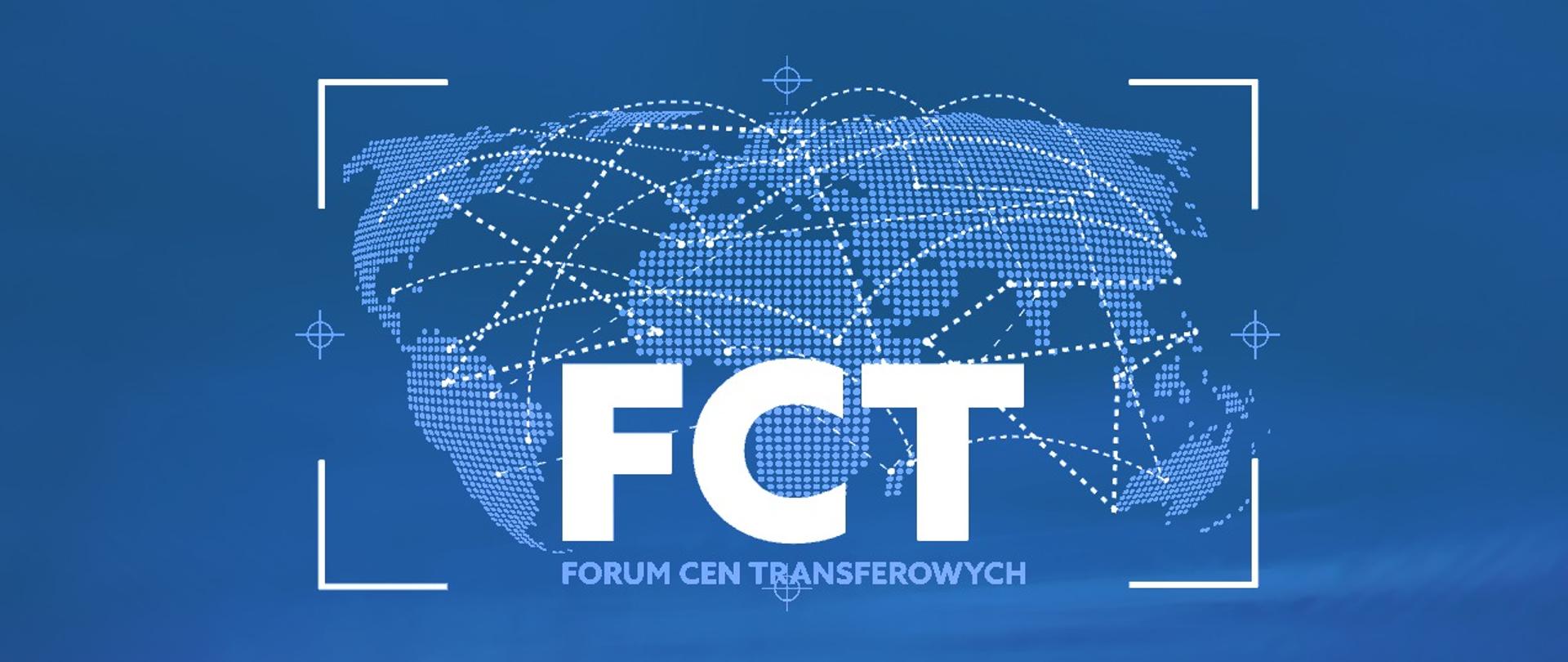Mapa świata na niebieskim tle plus napis FCT Forum Cen Transferowych.