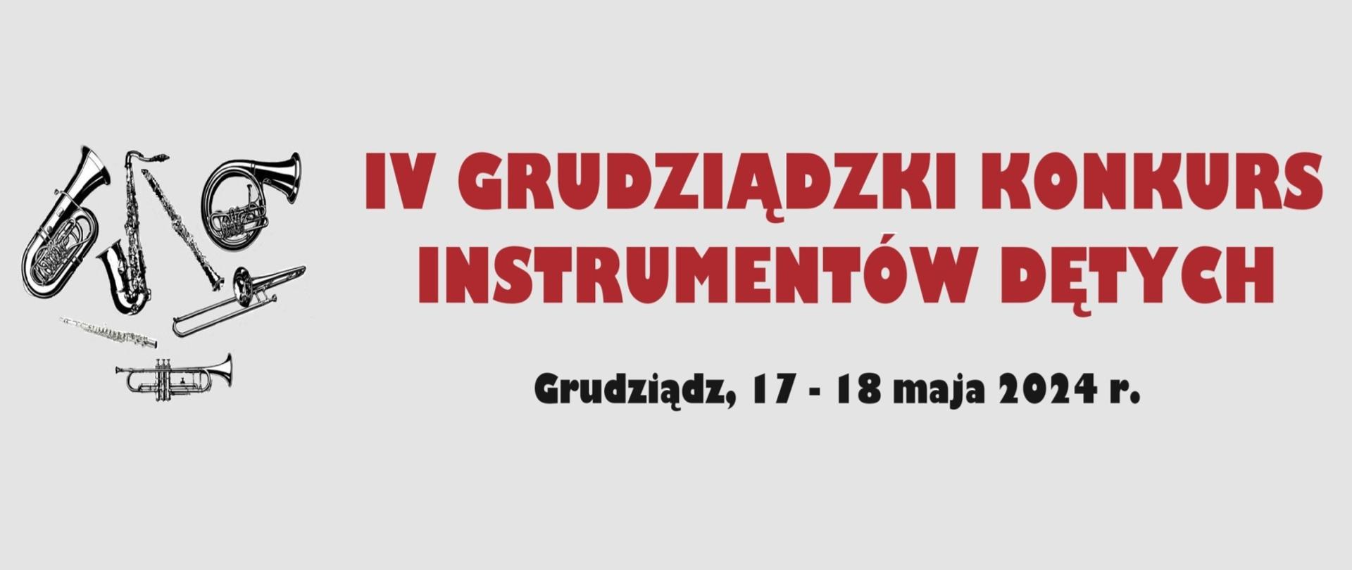 Logo konkursu - grafiki przedstawiające instrumenty dęte i napis IV GRUDZIĄDZKI KONKURS INSTRUMENTÓW DĘTYCH Grudziądz, 17 - 18 maja 2024 r.