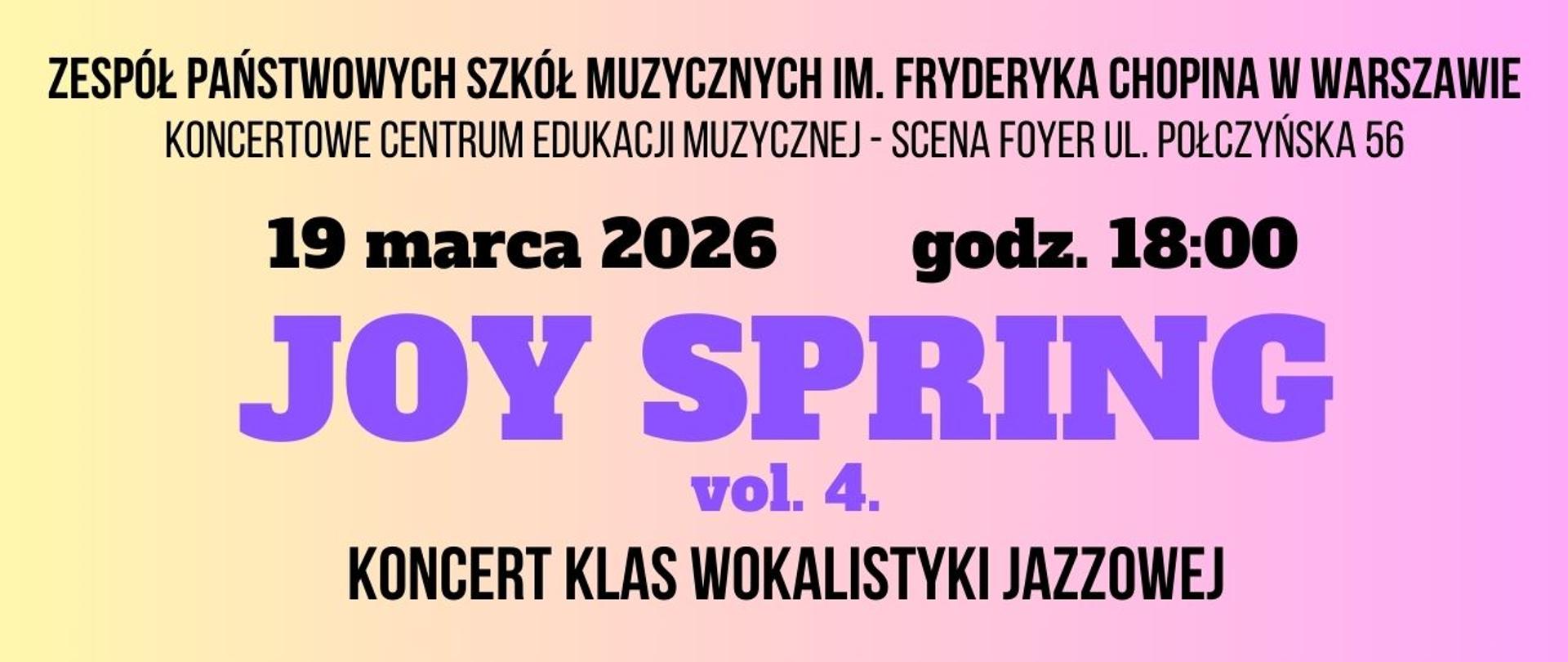 Baner - Koncert klas wokalistyki jazzowej "Joy Spring vol. 4", 19 marca 2026 r, godz 18.00, Scena Foyer