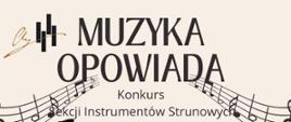  W lewym górnym rogu logo szkoły obok na środku pełna nazwa wydarzenia - muzyka opowiada. Poniżej nazwa konkurs sekcji instrumentów strunowych, po prawej i lewej stronie dwie pięciolinie z nutami. 
