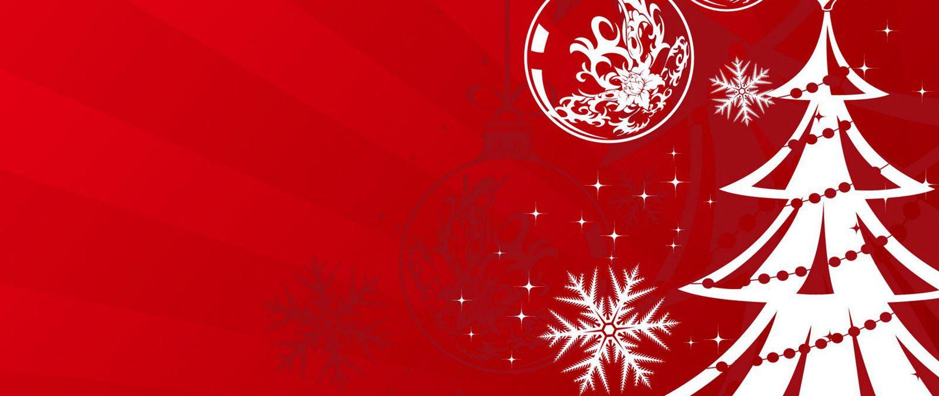 Obrazek przedstawia grafikę świąteczną - na czerwonym tle biała choinka, płatek śniegu, bombki.