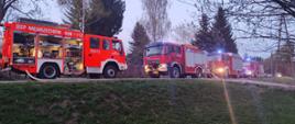 Na zdjęciu widać zaparkowane na drodze powiatowej pojazdy strazy pożarnej.