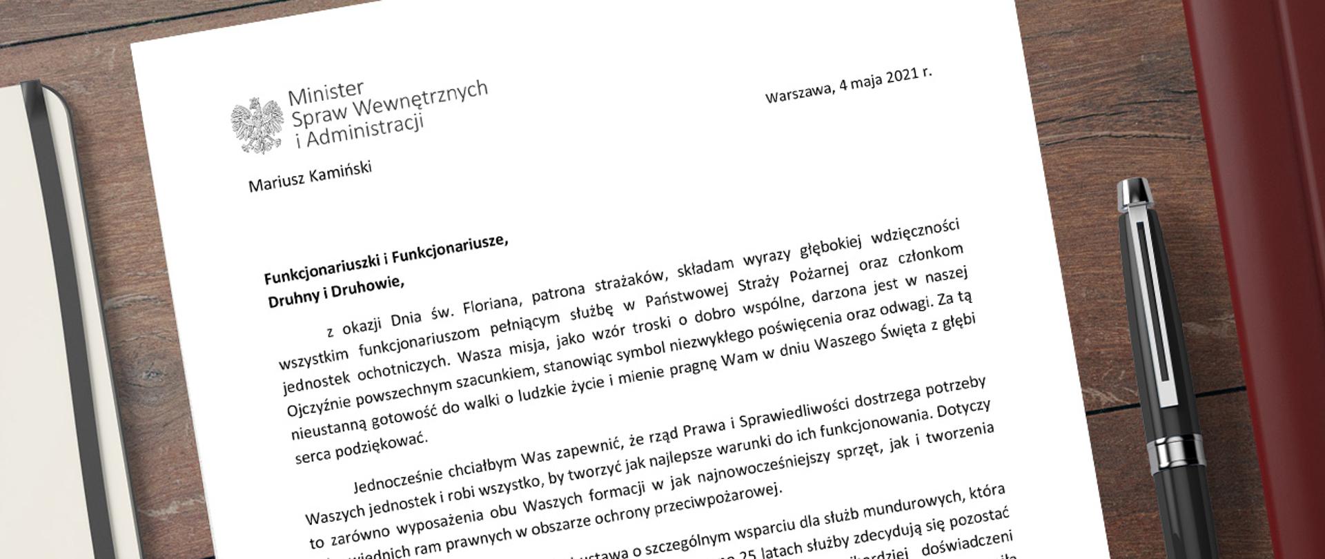 Na zdjęciu widać list ministra Mariusza Kamińskiego skierowany do strażaków.