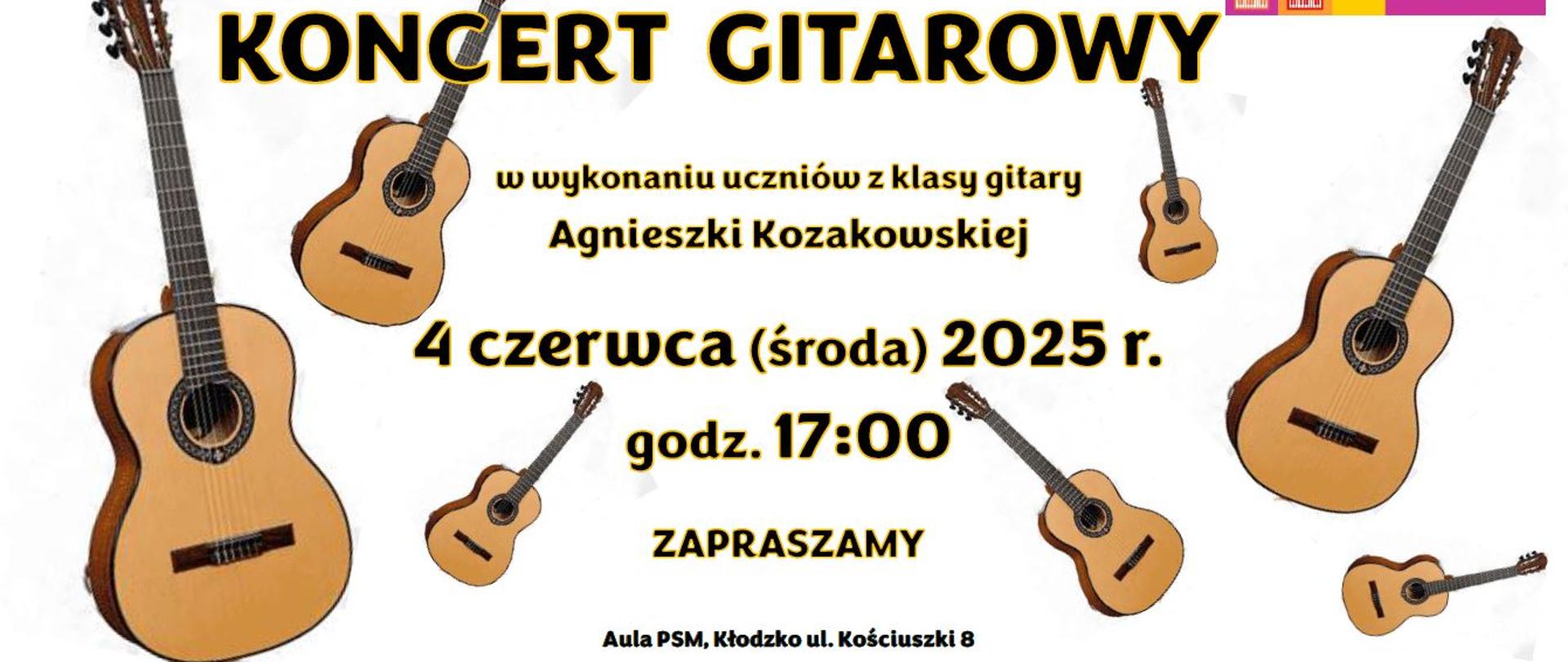 Plakat na białym tle z grafiką gitary oraz informacją tekstową dotyczącą koncertu, który odbędzie się 04 czerwca 2025 w auli PSM w Kłodzku
