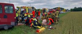 Zdjęcie przedstawia wypadek drogowy. Na pierwszym planie widzimy strażaków, ratowników medycznych oraz osoby udzielające pomocy poszkodowanym leżącym na trawie. Ratownicy używają sprzętu medycznego, obok nich na trawie leżą torby ratownicze. W tle widzimy ambulanse, wozy strażackie oraz czerwony bus, który brał udział w wypadku. 