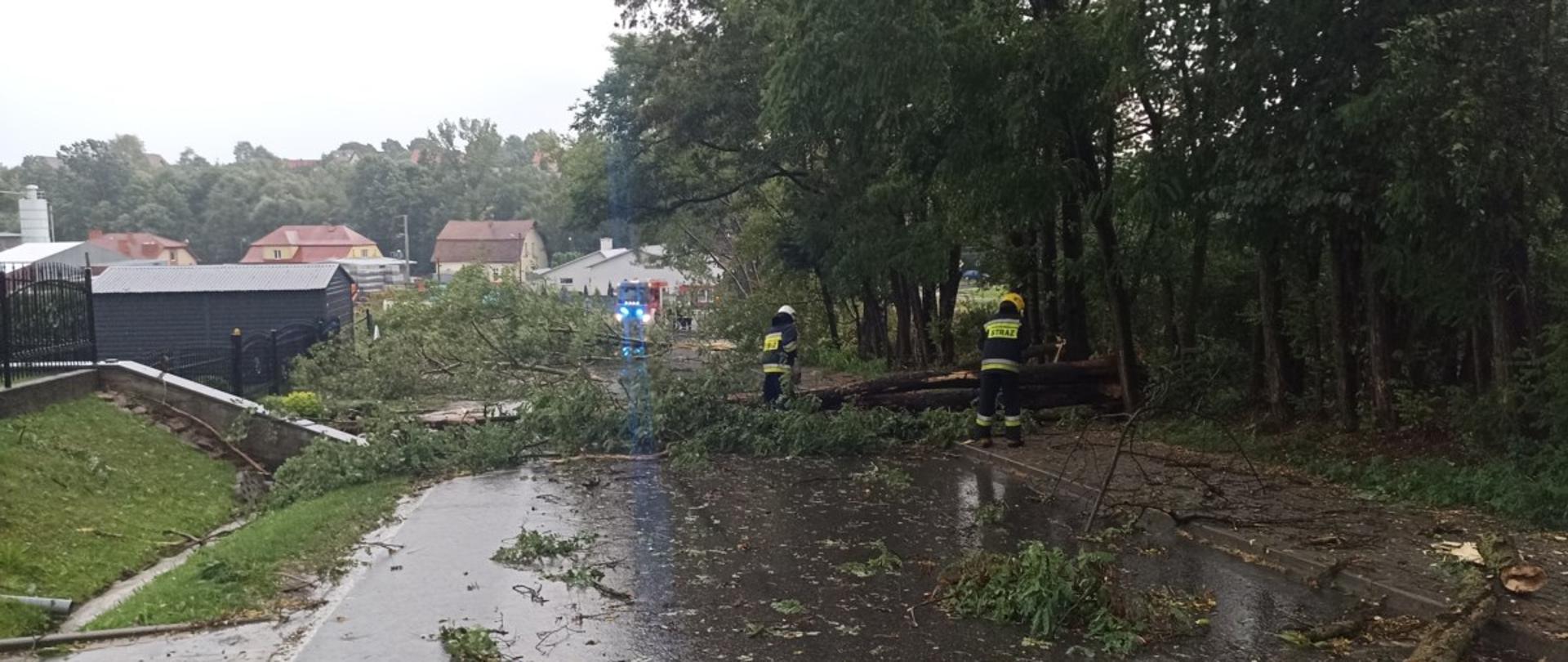 Zdjęcie przedstawia powalone na skutek silnych wiatrów drzewa na jezdnię. Przed powalonym drzewem stoi dwóch strażaków ubranych w czarne ubrania specjalne na głowie maja hełmy. W rękach trzymają spalinowe piły do ciecia drewna i tną drzewo w celu usunięcia go z jezdni. W oddali widać kolejne powalone drzewa na jezdnie a za nim stoi czerwony samochód pożarniczy z włączonymi światłami błyskowymi. Po prawej stronie stoją w rzędzie nieuszkodzone drzewa. Po lewej stronie widać kawałek czarnego przęsła ogrodzeniowego za nim blaszany garaż a w oddali dachy trzech budynków mieszkalnych.