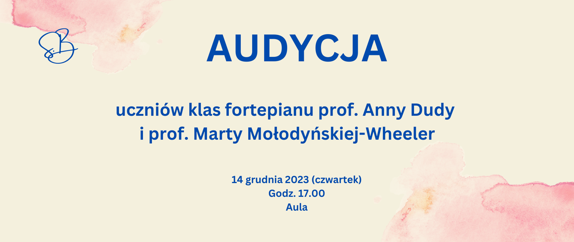 na jasnożółtym tle z akwarelowymi plamami w kolorze różowym na środku napis informujący o audycji i jej dacie