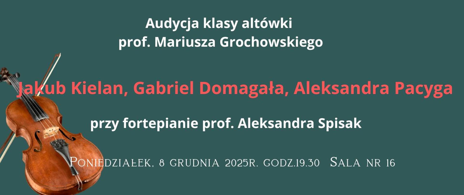 Audycja altówkowa 08.12.2025 godz.19.30 zielony plakat z altówką