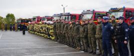 Zdjęcie przedstawia policjantów, żołnierzy WOT oraz strażaków stojących w dwuszeregu, za nimi znajdują się pojazdy pożarnicze.