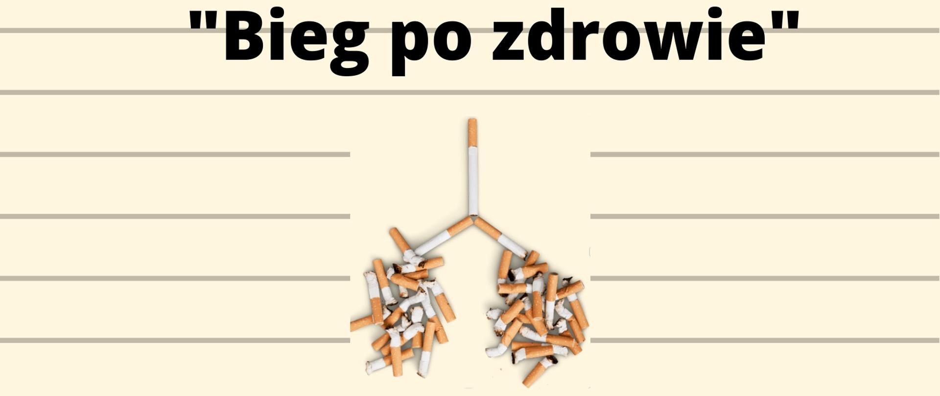 Grafika konkursowa "Bieg po zdrowie" przedstawia płuca zrobione z niedopałków papierosów.