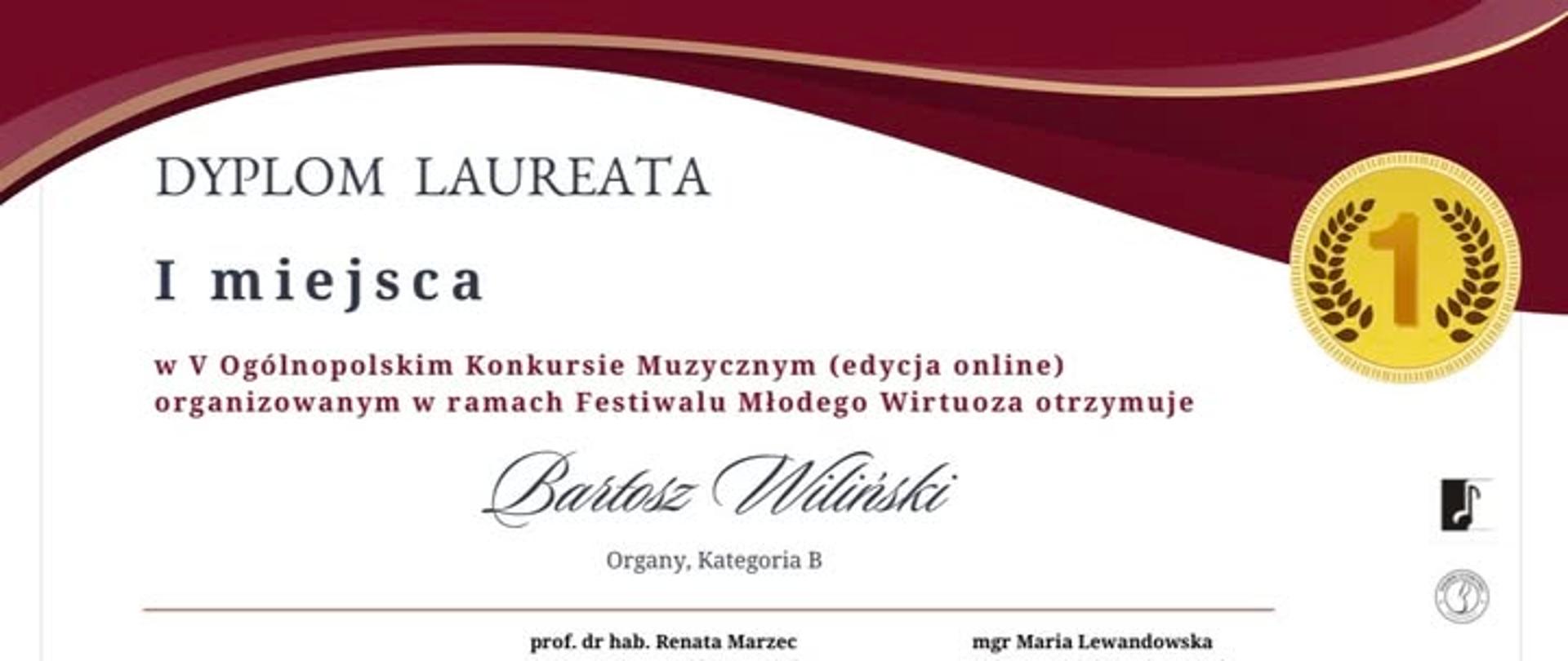 Tytuł laureata pierwszego miejsca, nazwa konkursu, nazwisko ucznia, pełen skład jury.