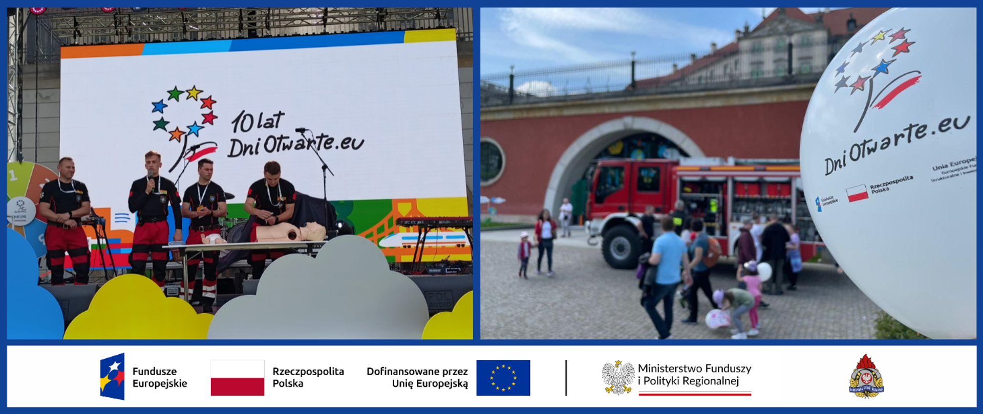 Baner ze z dwoma zdjęciami i logo: Funduszy Europejskich, Dofinansowane przez Unię Europejską, Ministerstwo Funduszy i Polityki Regionalnej, Państwowej Straży Pożarnej oraz polską flagą. Na zdjęciach: 1. ratownicy medyczni w trakcie pokazu; 2. samochód gaśniczy prezentowany dla uczestników. 