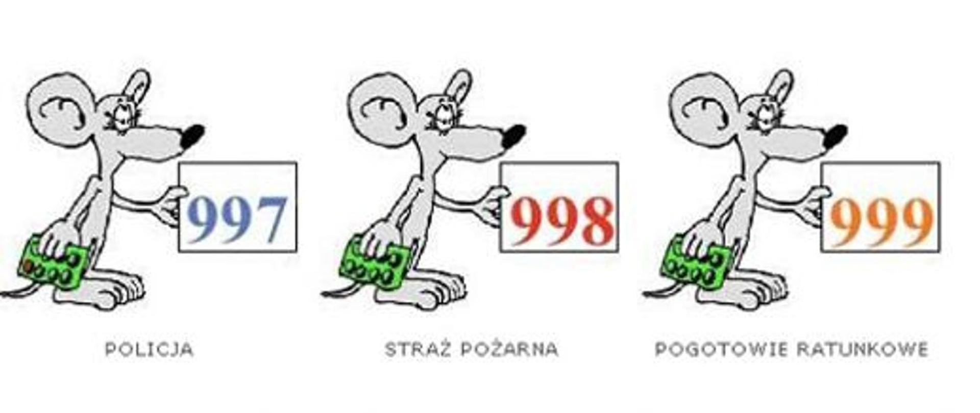 Trzy myszki trzymające kartki z numerami alarmowymi