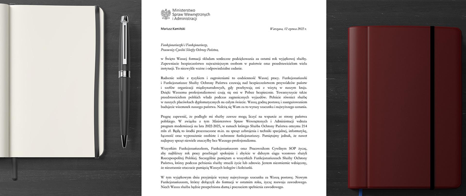 List Ministra Mariusza Kamińskiego do Funkcjonariuszek i Funkcjonariuszy oraz Pracowników Cywilnych Służby Ochrony Państwa.