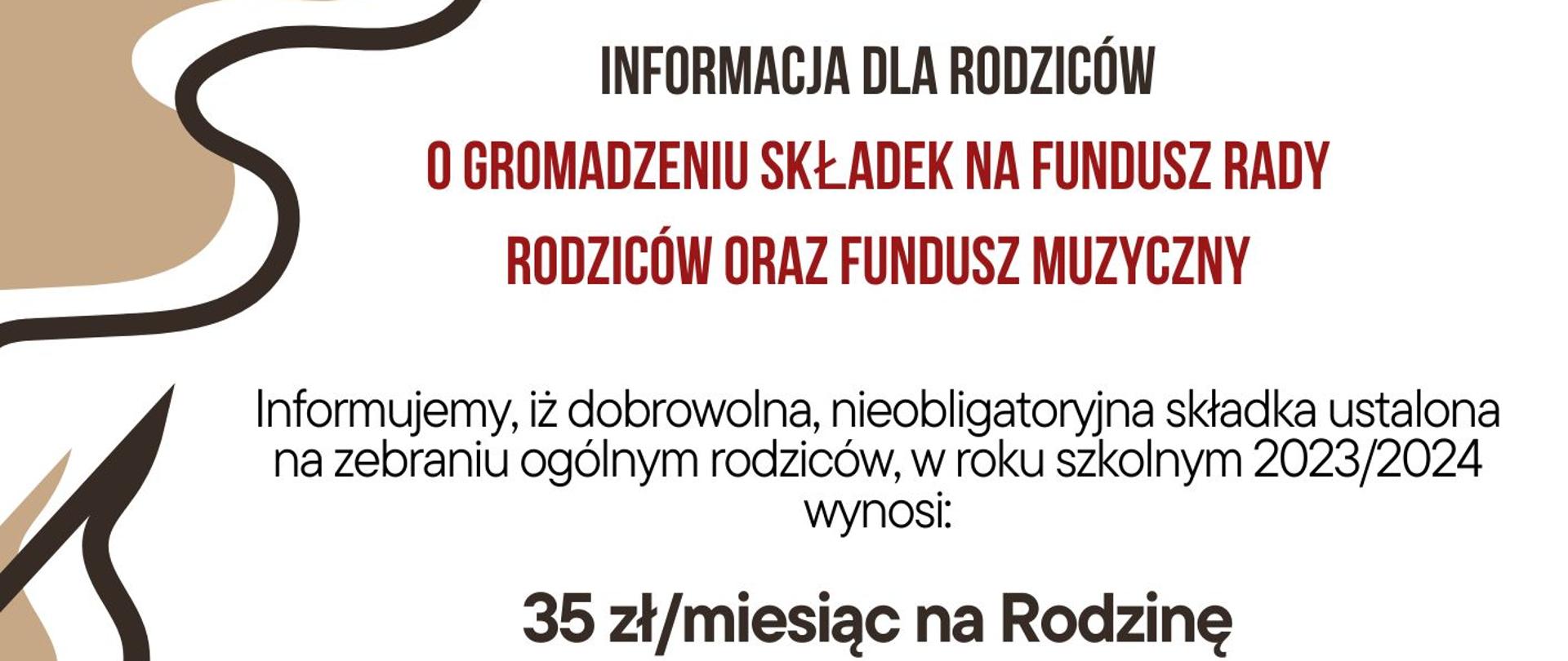 Plakat informujący rodziców o wpłatach na radę rodziców