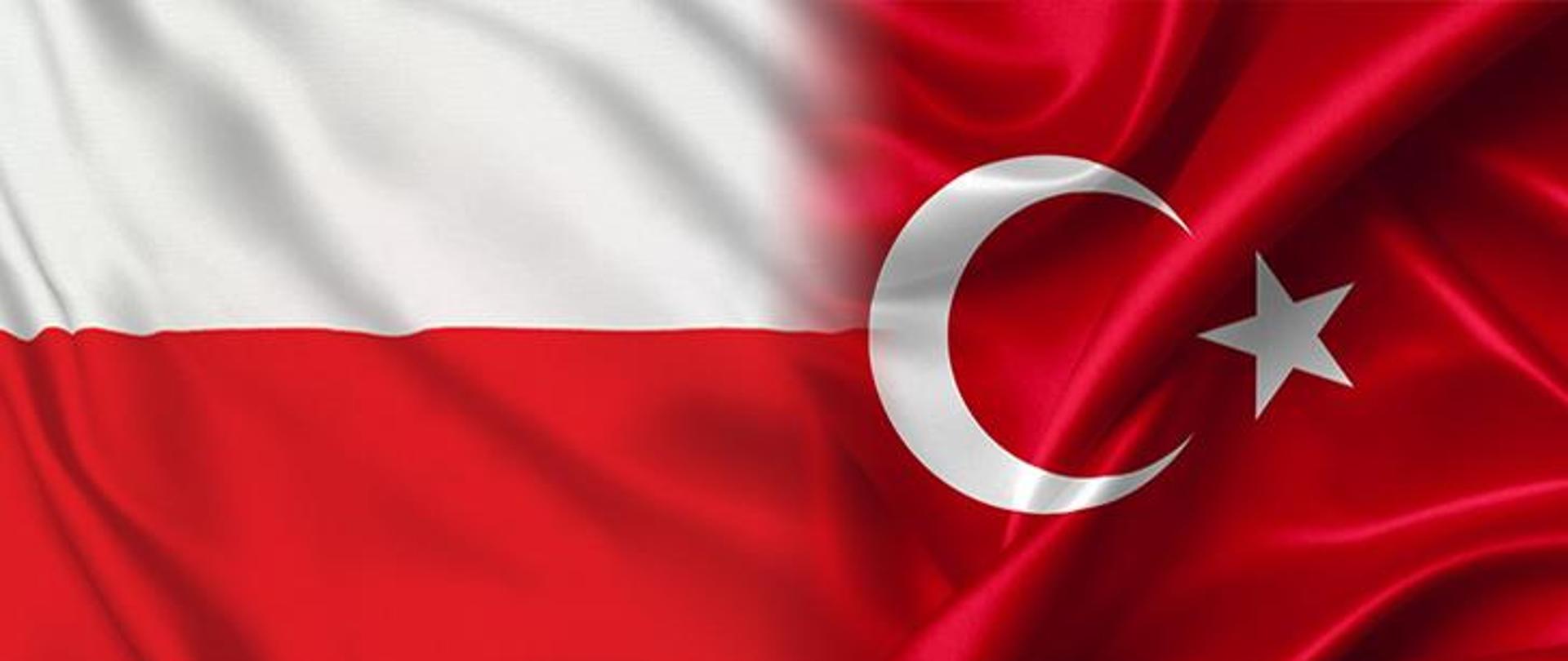 Flaga Turcji. Na czerwonym tle znak półksiężyca i gwiazdy w białych kolorach