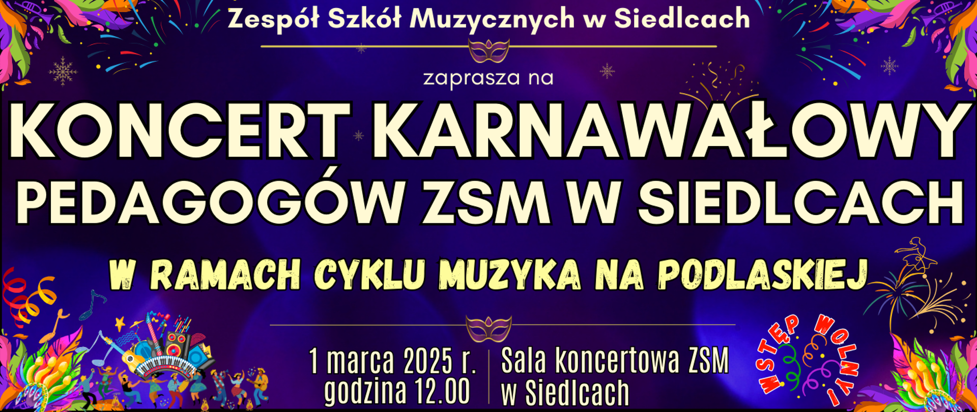 baner z ciemnym kolorowym tłem, elementy graficzne karnawałowe ozdobne oraz informacja o wydarzeniu
