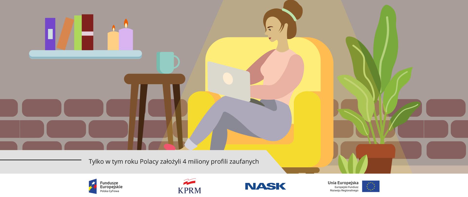 Grafika wektorowa - kobieta siedząca na żółtym fotelu z laptopem na kolanach. Obok niej stoi stolik na nim kubek. Z prawej strony kwiaty doniczkowe, z lewej - na górze - półka, na której stoją książki i świece.