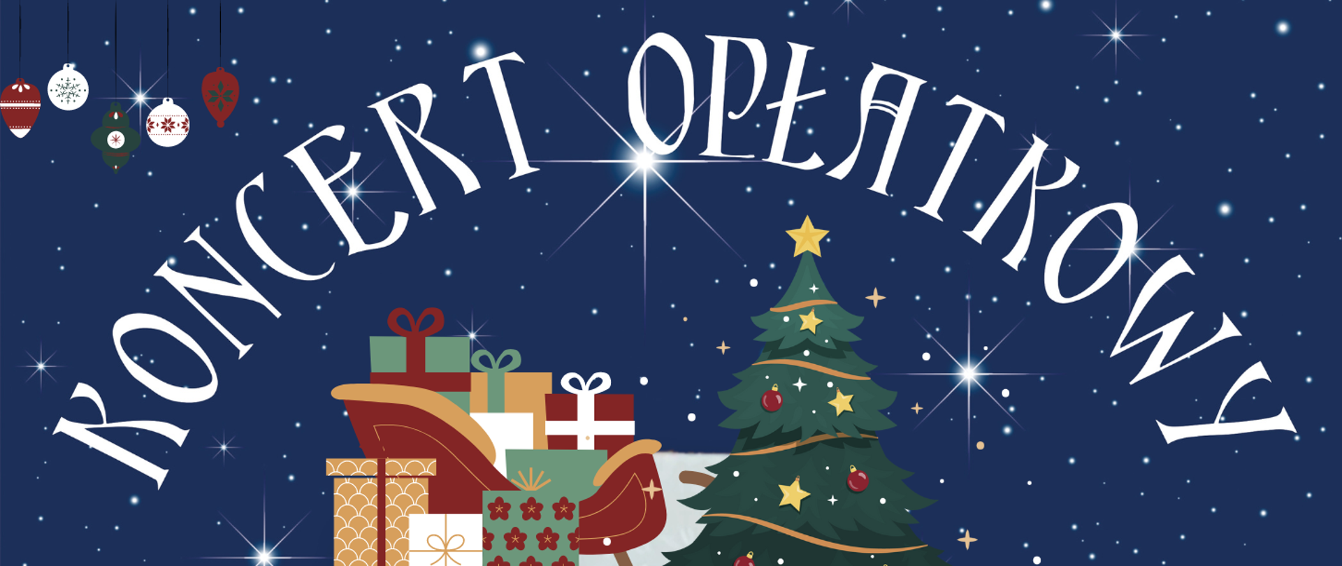 Baner granatowe tło z ikonografiką gwiazd oraz białym napisem KONCERT OPŁATKOWY
