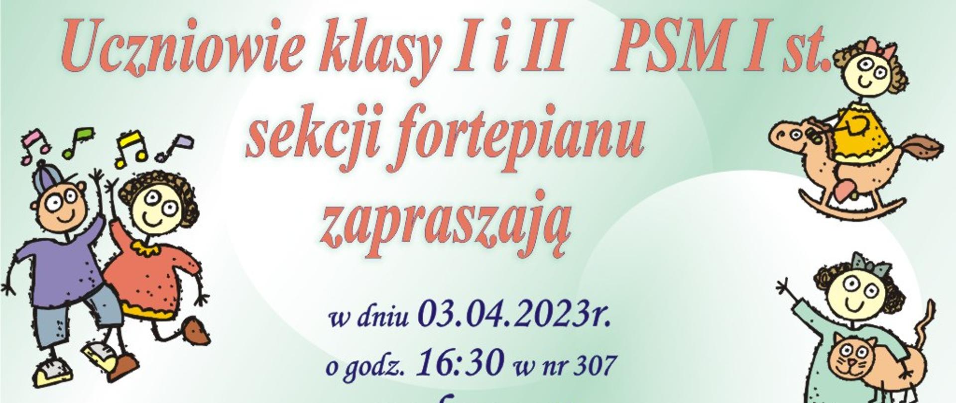 Plakat koncertu Wiosenne Obrazki Muzyczne. Rysunki tańczących dzieci na zielonym tle. Treść w kolorze niebieskim