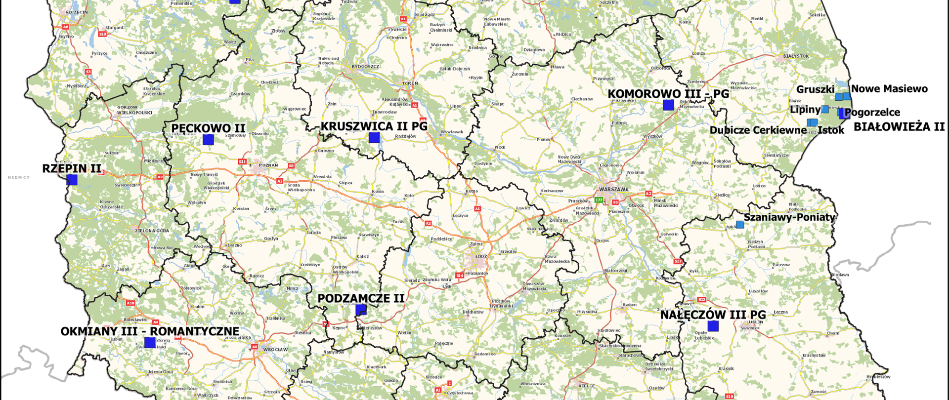 Ilustracja przedstawia mapę Polski z punktami osnowy magnetycznej, na których wykonane zostały pomiary w ramach zakończonej pracy