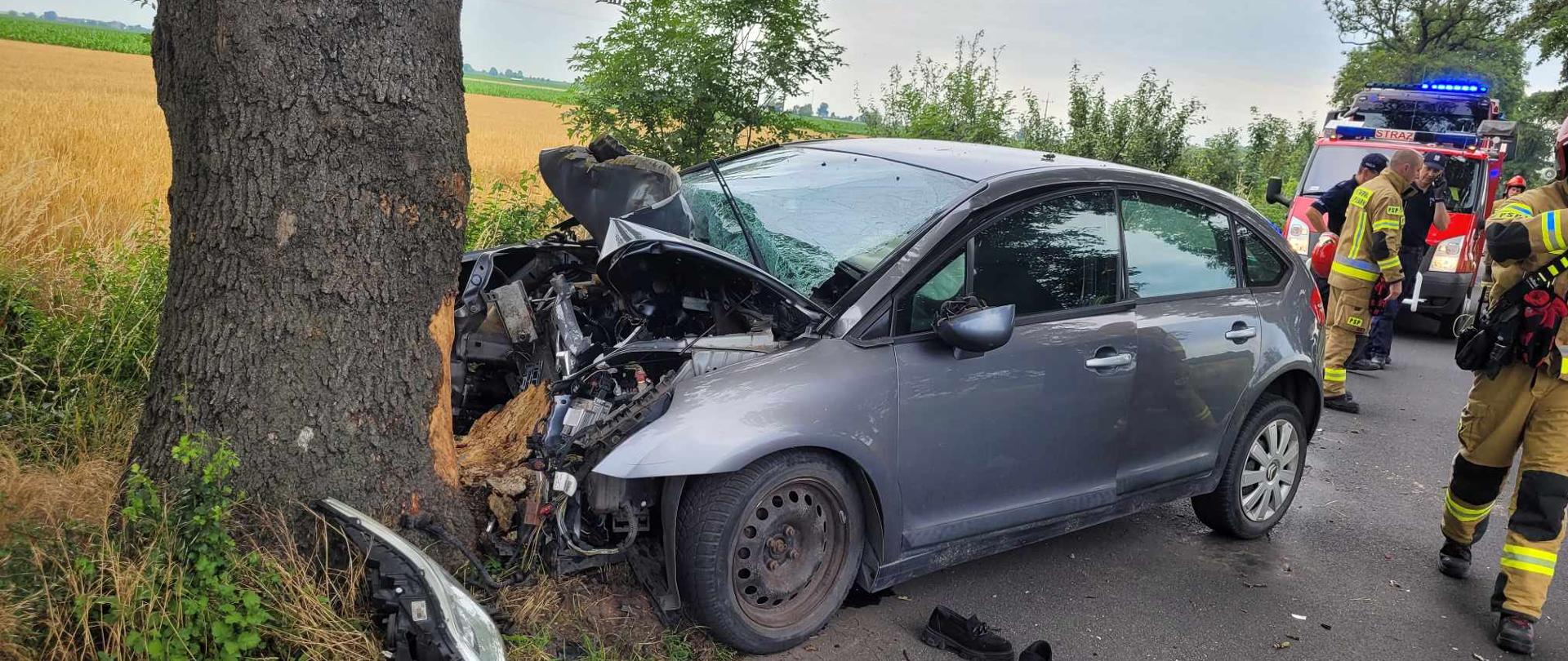 Zdjęcie przedstawia rozbity pojazd oparty o drzewo. W pojeździe uszkodzony przód. W tle widać pojazdy straży pożarnej oraz strażaków.