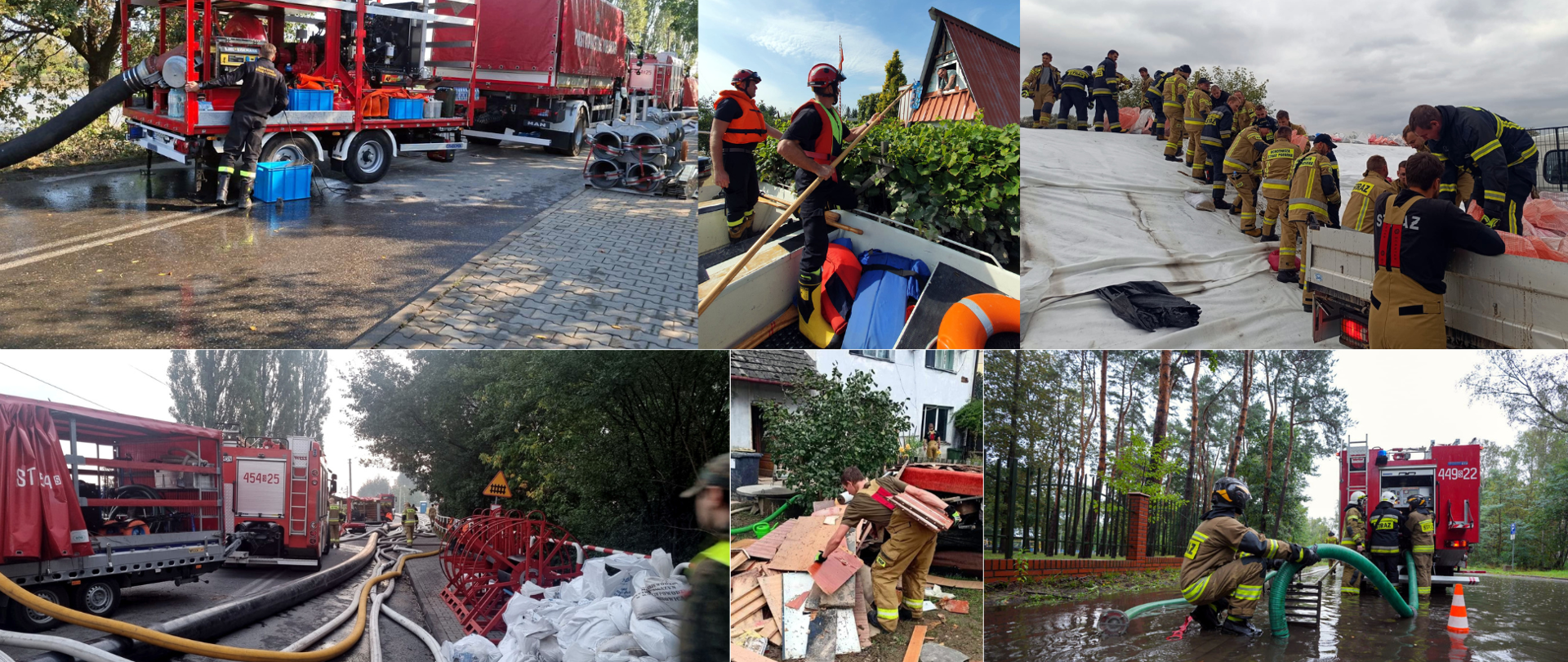 kolaż zdjęć przedstawiających strażaków podczas działań w czasie powodzi