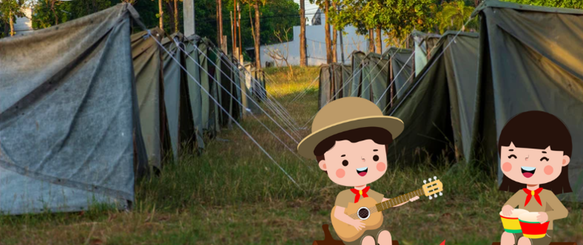 Grafika przedstawia obozowisko na polanie w lesie oraz dwoje harcerzy siedzących przy ognisku, śpiewających piosenki.