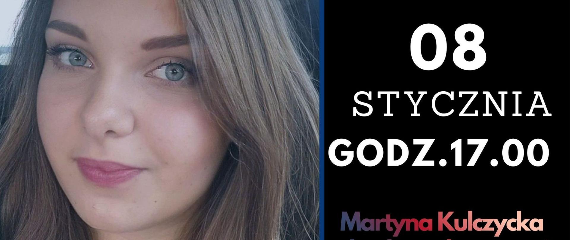 Na plakacie widoczna jest zapowiedź koncertu akordeonowego. Kompozycja została podzielona na dwie pionowe części. Lewa strona utrzymana jest w odcieniach granatu i niebieskiego, prawa w czerni. U góry, na całej szerokości plakatu, znajduje się duży, biały napis „KONCERT”, a poniżej, również dużymi białymi literami, słowo „AKORDEONOWY”. Centralnym elementem lewej części plakatu jest fotografia młodej kobiety przedstawionej w zbliżeniu, z jasnymi włosami i jasnymi oczami, patrzącej w stronę obiektywu. Poniżej zdjęcia umieszczono grafikę akordeonu w chłodnej, niebieskiej tonacji, na której tle widnieje napis „W PROGRAMIE:” oraz lista utworów: „E. Derbenko – Preludium i Toccata”, „F. Angelis – Suita” oraz „B. Precz – 323”. W dolnym lewym rogu znajduje się logotyp Państwowej Szkoły Muzycznej I stopnia im. Krzysztofa Komedy w Lubaczowie, zawierający nazwę instytucji oraz kolorowy, stylizowany motyw klawiatury i miechów akordeonu. Prawa, czarna część plakatu zawiera informacje organizacyjne zapisane białym i kolorowym tekstem. Na samej górze widnieje data „08 STYCZNIA”, a poniżej godzina wydarzenia „GODZ. 17.00”. Niżej umieszczono informacje o wykonawczyni: „Martyna Kulczycka”, opisaną jako absolwentkę szkoły oraz uczennicę p. Grzegorza Góreckiego, a także obecną uczennicę klasy III Szkoły Muzycznej II stopnia w Jarosławiu w klasie akordeonu p. Pawła Nowaka. Całość utrzymana jest w nowoczesnym, kontrastowym stylu, z wyraźną hierarchią informacji i czytelną typografią.