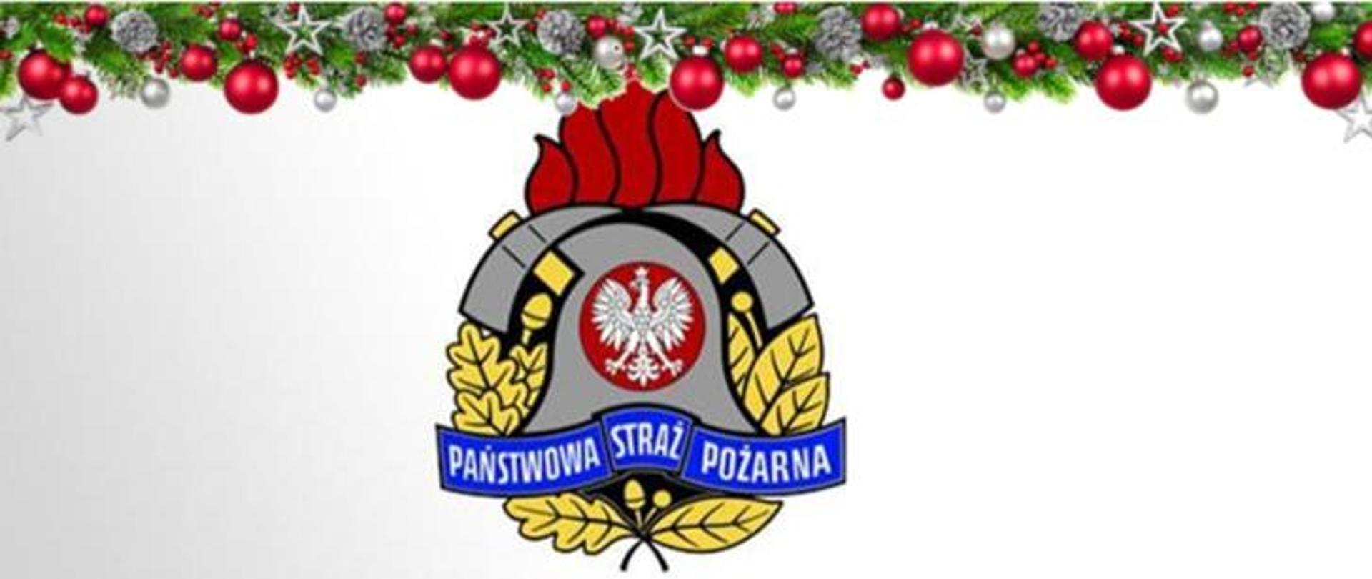 Logotyp Państwowej Straży Pożarnej na świątecznym tle