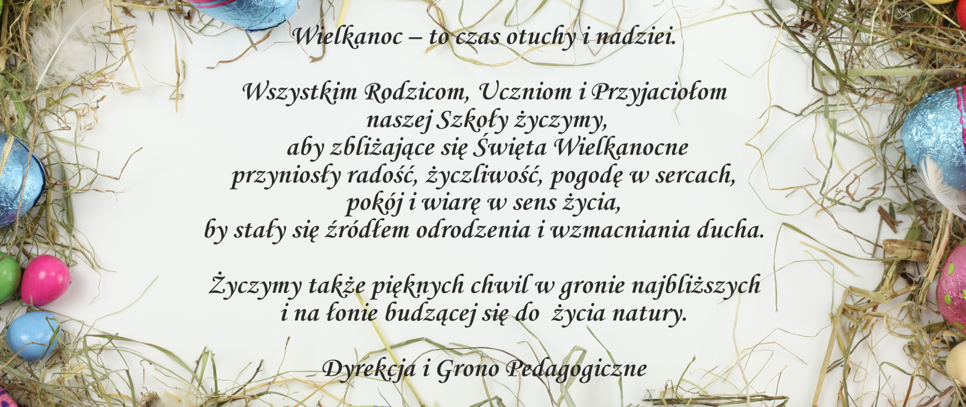Na białym tle, czarną czcionką życzenia z okazji Świat Wielkiej Nocy.
Dookoła symbole Wielkanocy: kolorowe pisanki.