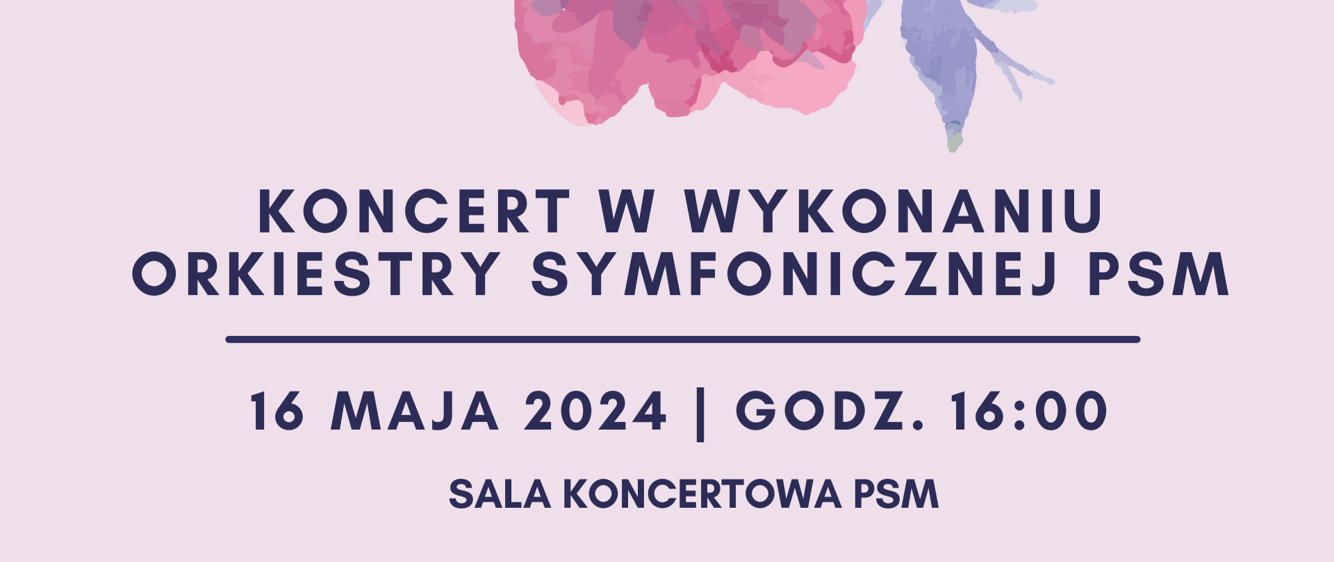 w centralnej części fioletowe i różowe kwiaty, w prawym górnym rogu logo szkoły, całość na jasnofioletowym tle