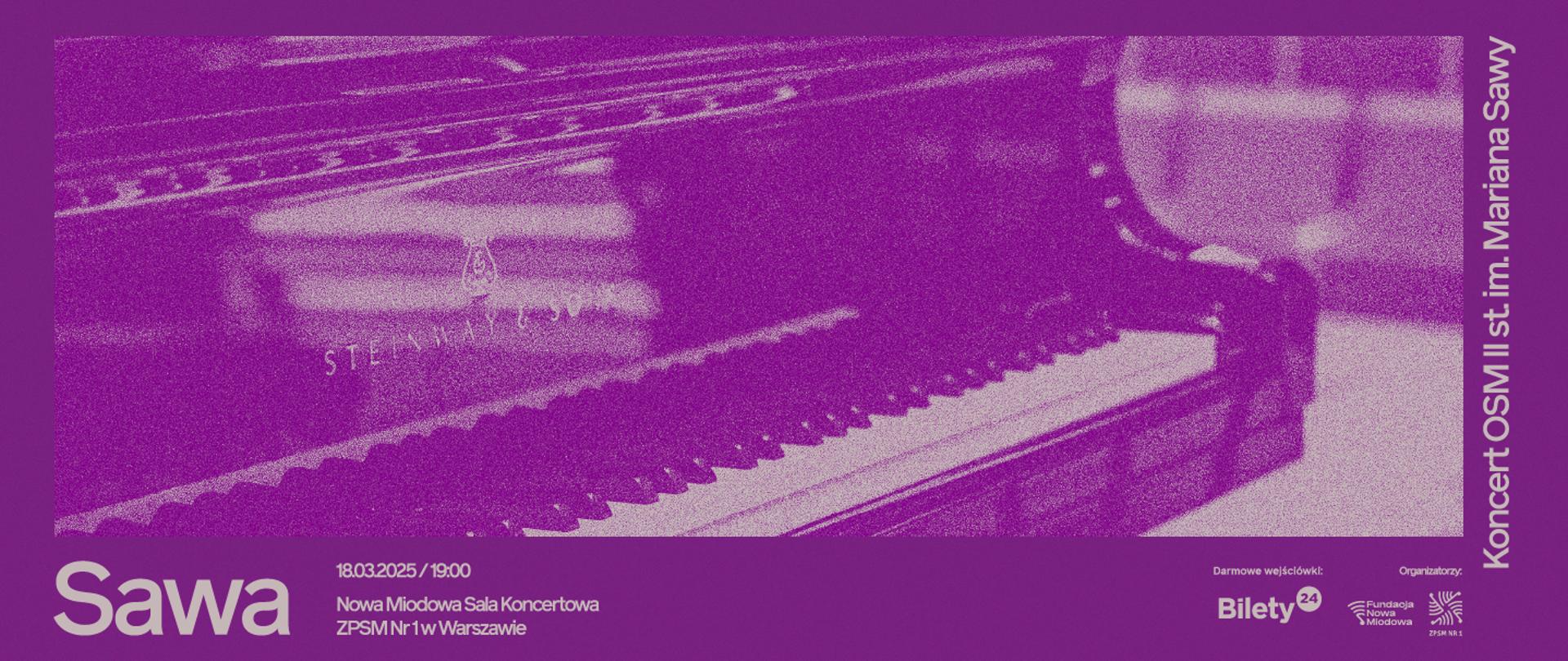 Plakat informujący o koncercie uczniów OSM Sawy, w tle fortepian.