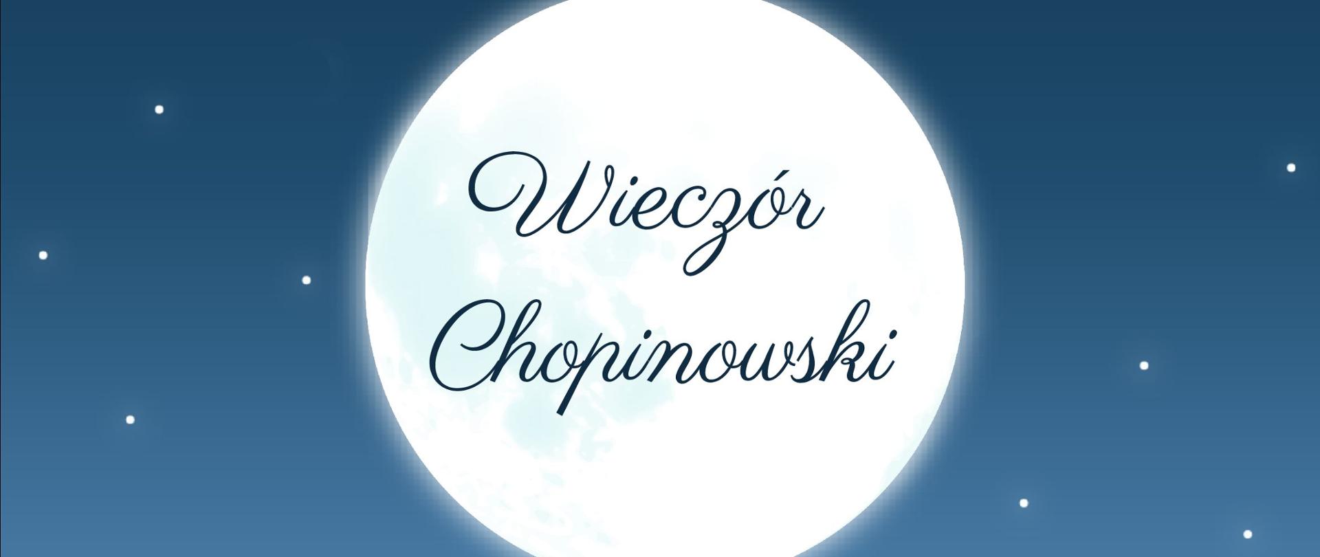 Niebieskie tło z zarysem świerków w dolnej części. Na górze plakatu białe koło z napisem Wieczór Chopinowski. Powyżej i poniżej złote napisy informujące o koncercie uczniów. W prawym dolnym rogu logo szkoły.