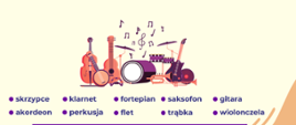 Plakat ze szczegółami rekrutacji w barwach żółto-pomarańczowych i grafiką instrumentów muzycznych. 
