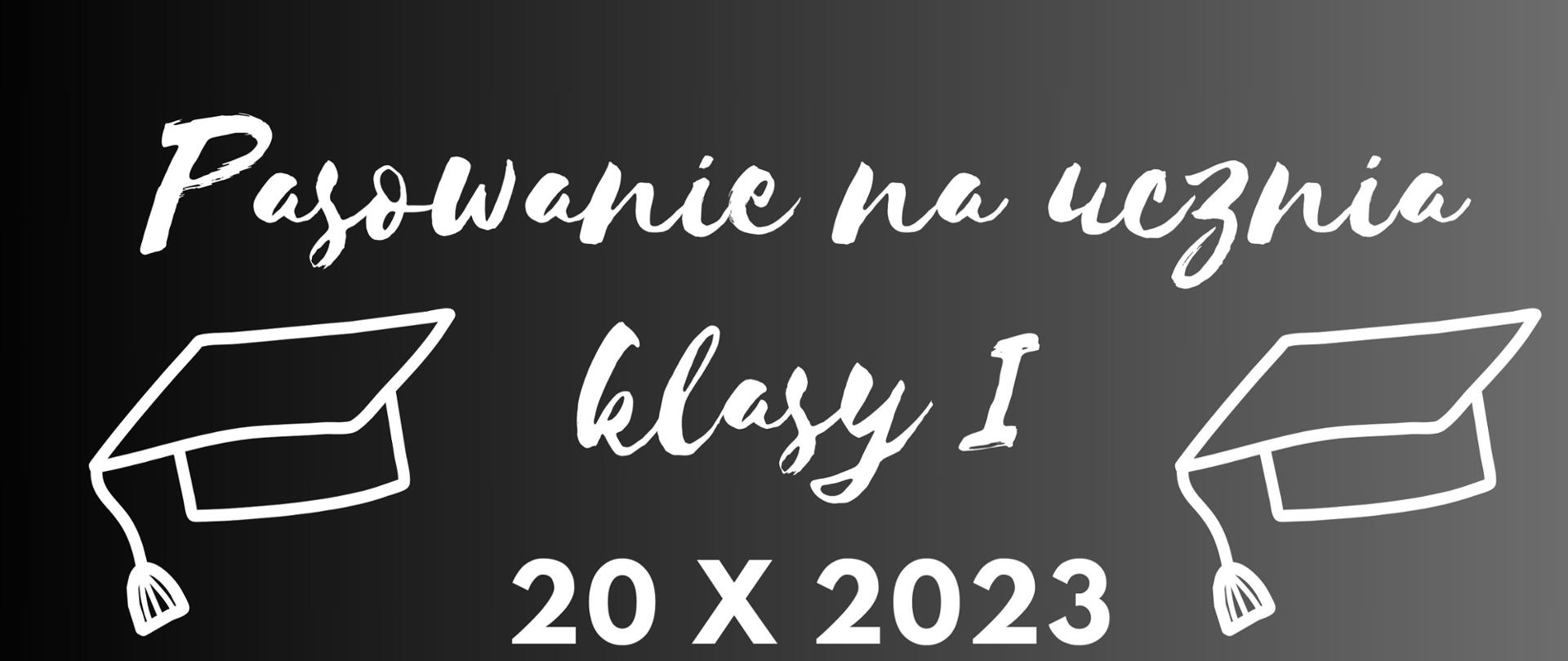 na górze plakatu napis Pasowanie na ucznia klasy I 20 X 2023 poniżej z lewej strony informacja o miejscu i godzinie odbywania się koncertu, w centralnej części obrazek klawiatury fortepianu w kształcie ślimaka i złotej pięciolinii, w dolnej lewej części napis PSM I st. Opole ul. Jana Bytnara Rudego 8, całość na ciemnym tle