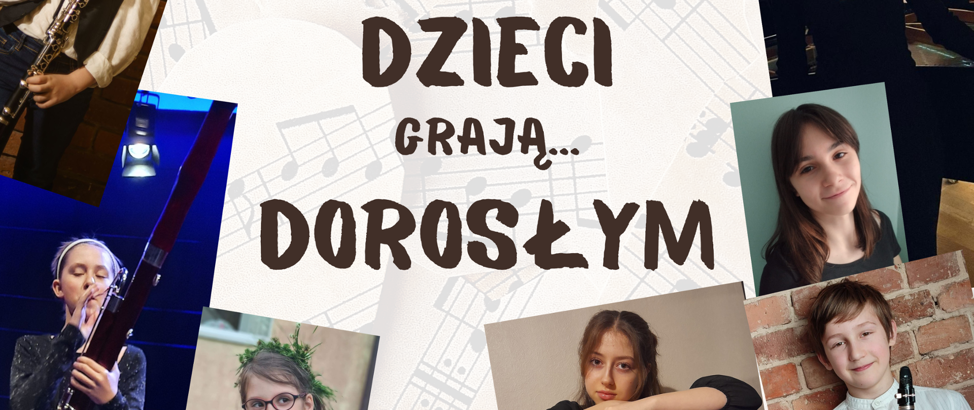 Na plakacie umieszczone znajdują się napisy i zdjęcia młodych muzyków grających na skrzypcach, klarnecie, flecie, fagocie, akordeonie. Całość ma kolorystykę przewodnią w brązach i beżach, z elementami graficznymi nut w tle.